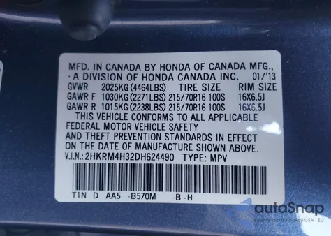 2013 Honda Cr-V Lx z USA, uszkodzony, nr VIN 2HKRM4H32DH624490